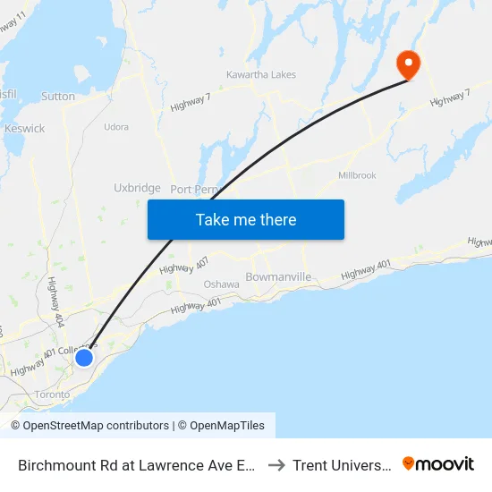 Birchmount Rd at Lawrence Ave East to Trent University map