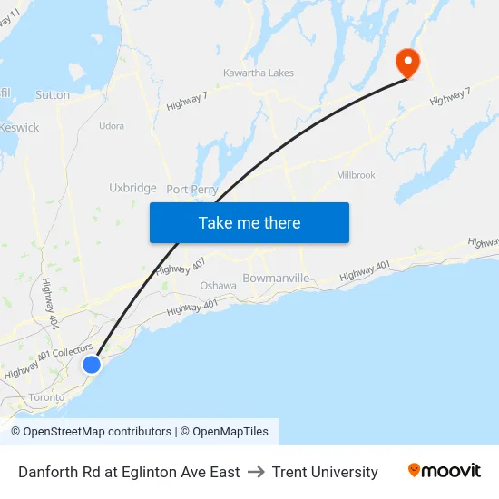 Danforth Rd at Eglinton Ave East to Trent University map