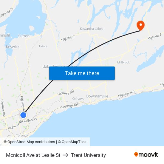 Mcnicoll Ave at Leslie St to Trent University map