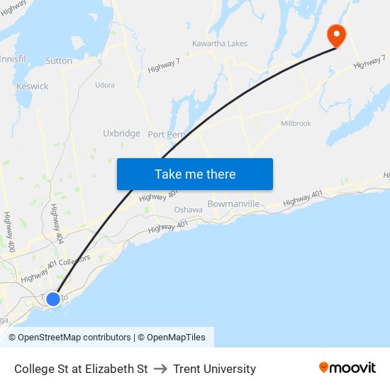 College St at Elizabeth St to Trent University map