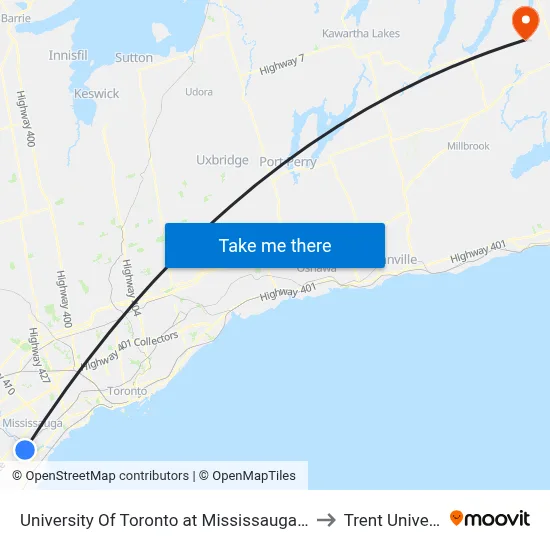 University Of Toronto at Mississauga Campus to Trent University map