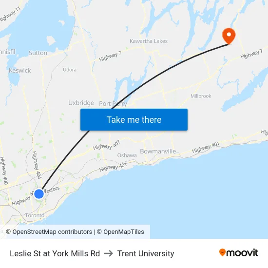 Leslie St at York Mills Rd to Trent University map