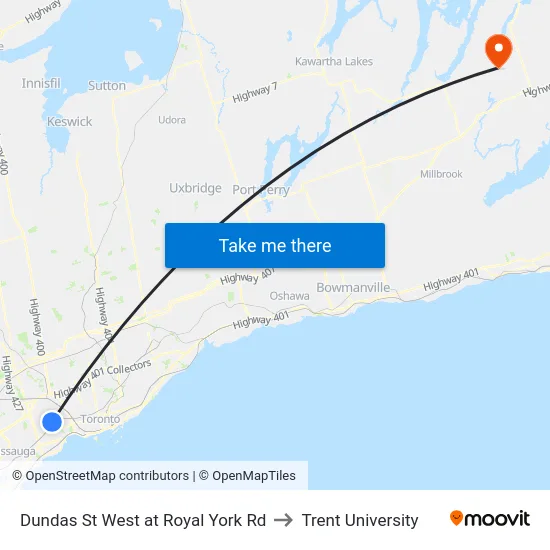 Dundas St West at Royal York Rd to Trent University map
