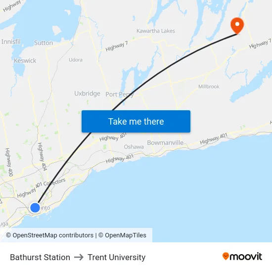 Bathurst Station to Trent University map