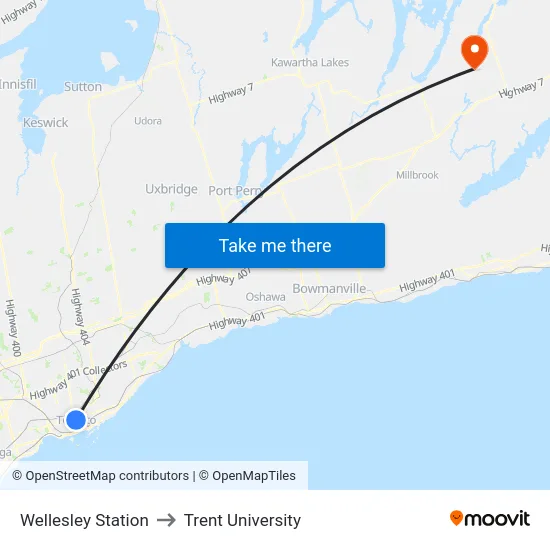 Wellesley Station to Trent University map