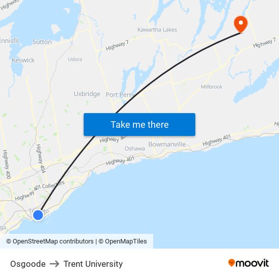 Osgoode to Trent University map