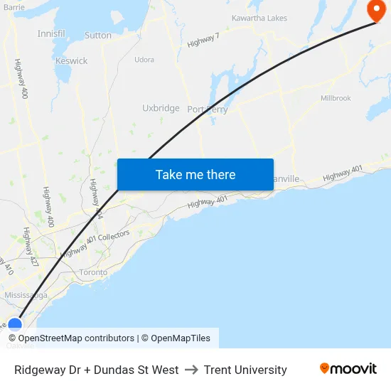 Ridgeway Dr + Dundas St West to Trent University map