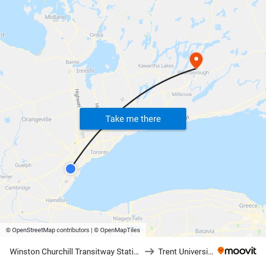 Winston Churchill Transitway Station to Trent University map