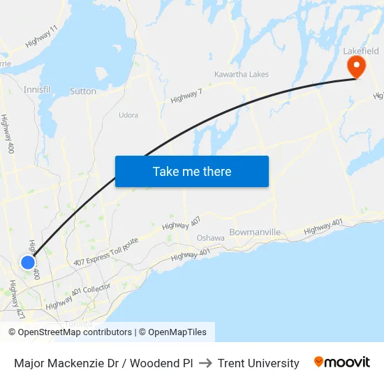 Major Mackenzie Dr / Woodend Pl to Trent University map