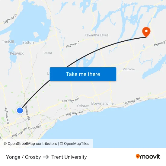 Yonge / Crosby to Trent University map