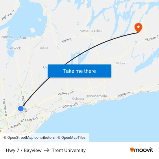 Hwy 7 / Bayview to Trent University map