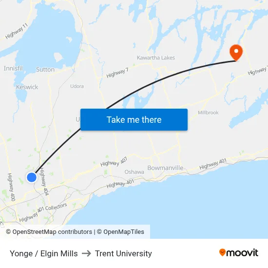 Yonge / Elgin Mills to Trent University map