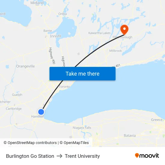 Burlington Go Station to Trent University map