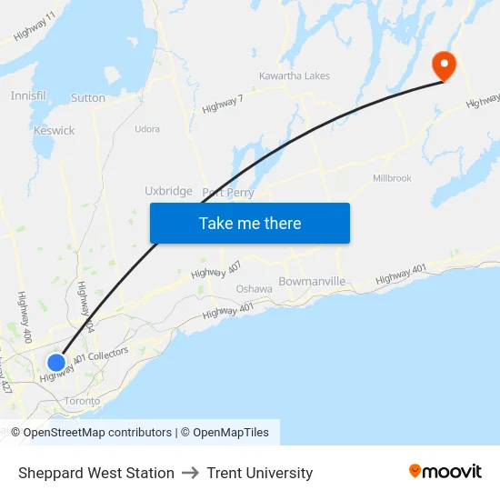 Sheppard West Station to Trent University map
