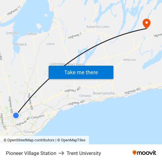 Pioneer Village Station to Trent University map
