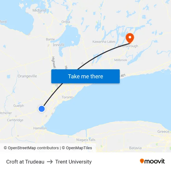 Croft at Trudeau to Trent University map