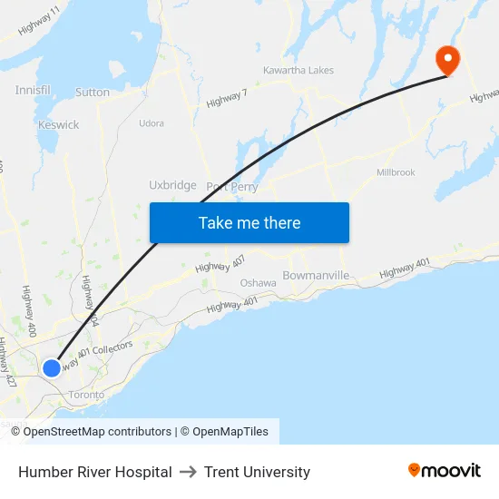 Humber River Hospital to Trent University map