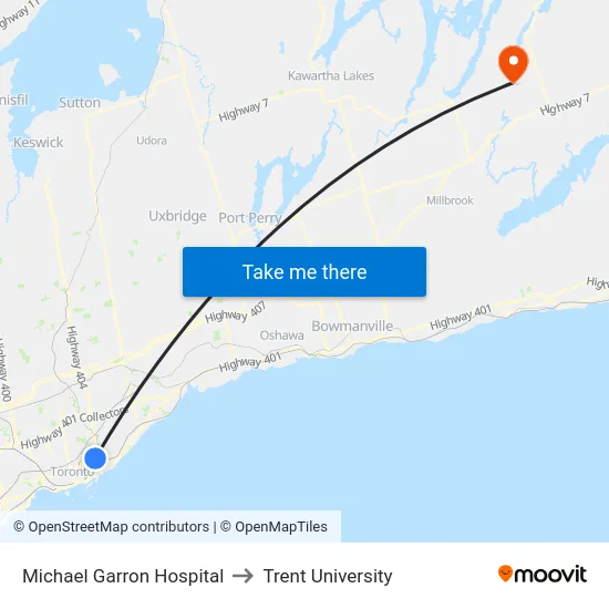 Michael Garron Hospital to Trent University map