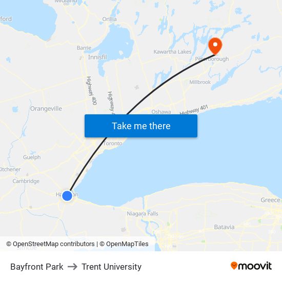 Bayfront Park to Trent University map