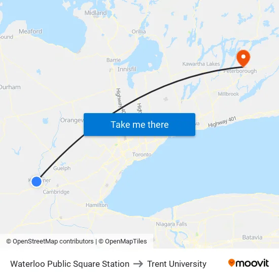 Waterloo Public Square Station to Trent University map