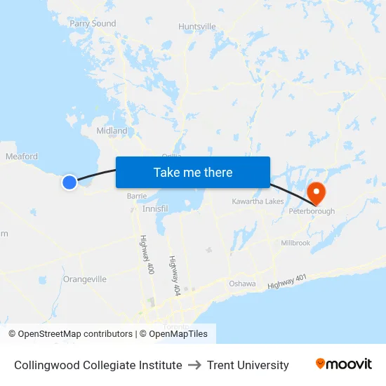 Collingwood Collegiate Institute to Trent University map