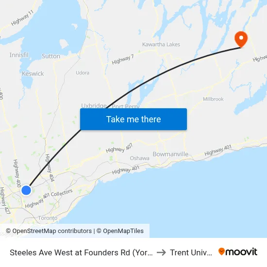 Steeles Ave West at Founders Rd (York University) to Trent University map