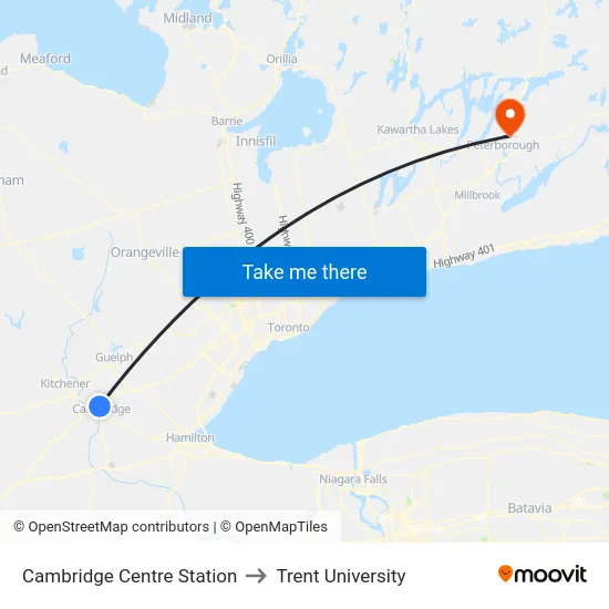 Cambridge Centre Station to Trent University map