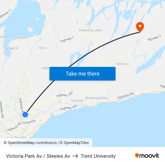 Victoria Park Av / Steeles Av to Trent University map