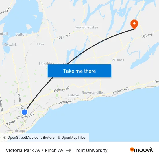 Victoria Park Av / Finch Av to Trent University map