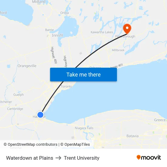 Waterdown at Plains to Trent University map