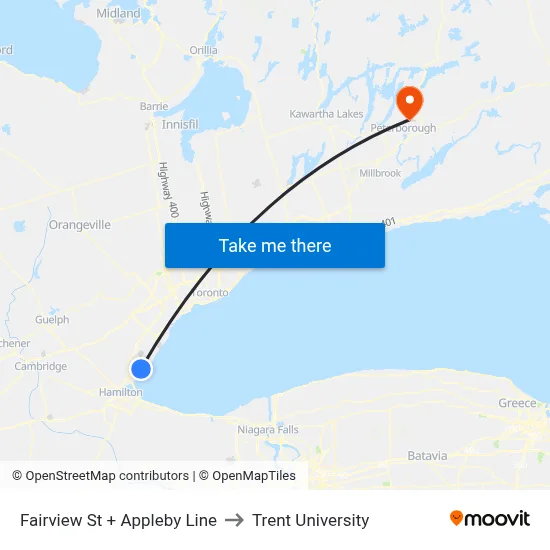 Fairview St + Appleby Line to Trent University map