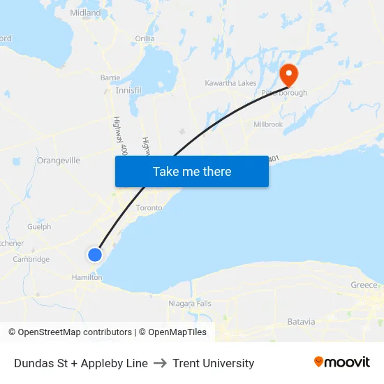 Dundas St + Appleby Line to Trent University map