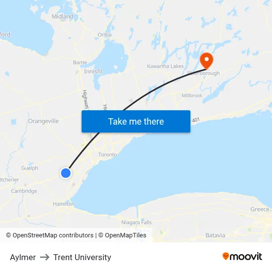 Aylmer to Trent University map