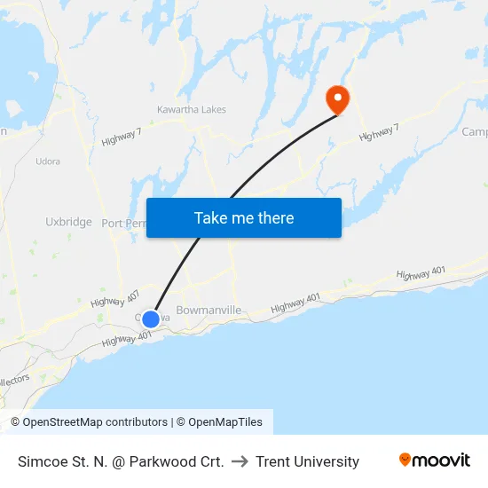 Simcoe St. N. @ Parkwood Crt. to Trent University map