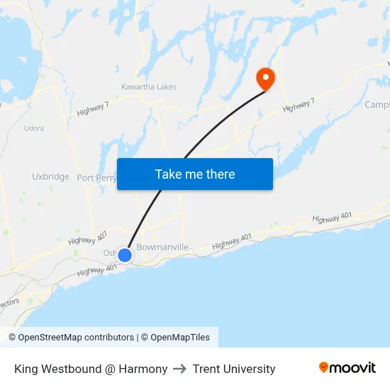 King Westbound @ Harmony to Trent University map