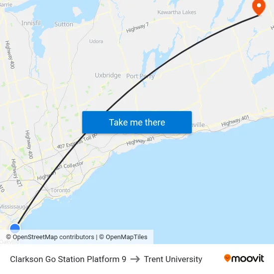 Clarkson Go Station Platform 9 to Trent University map