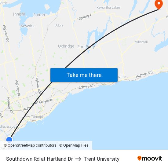 Southdown Rd at Hartland Dr to Trent University map