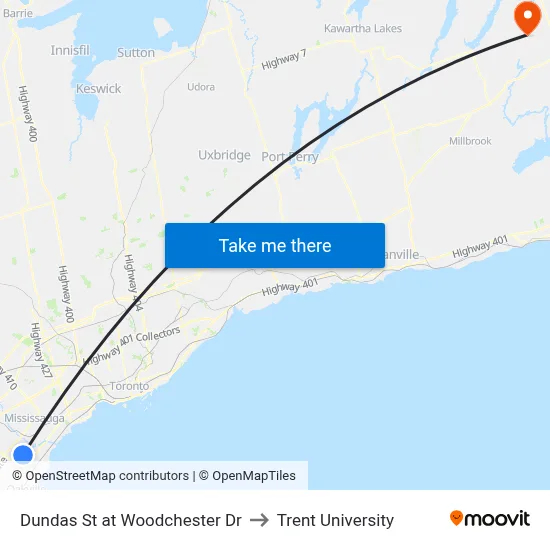 Dundas St at Woodchester Dr to Trent University map
