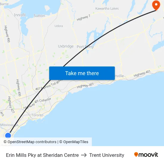 Erin Mills Pky at Sheridan Centre to Trent University map