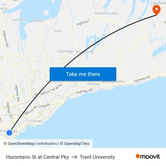 Hurontario St at Central Pky to Trent University map