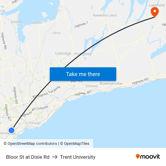 Bloor St at Dixie Rd to Trent University map