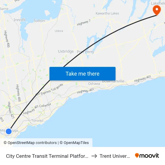 City Centre Transit Terminal Platform D to Trent University map