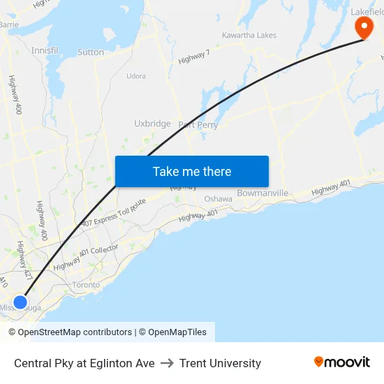 Central Pky at Eglinton Ave to Trent University map