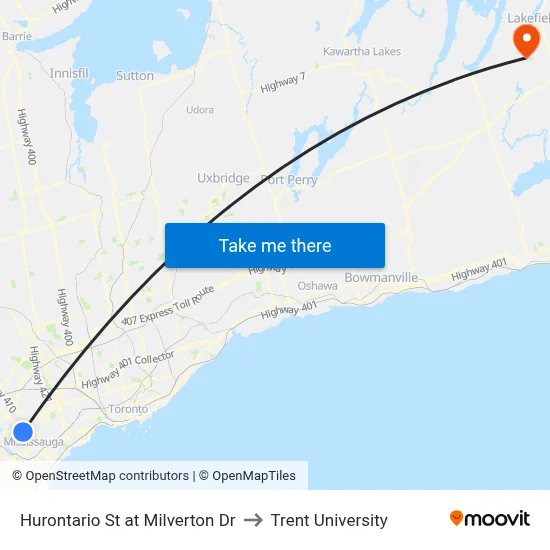 Hurontario St at Milverton Dr to Trent University map