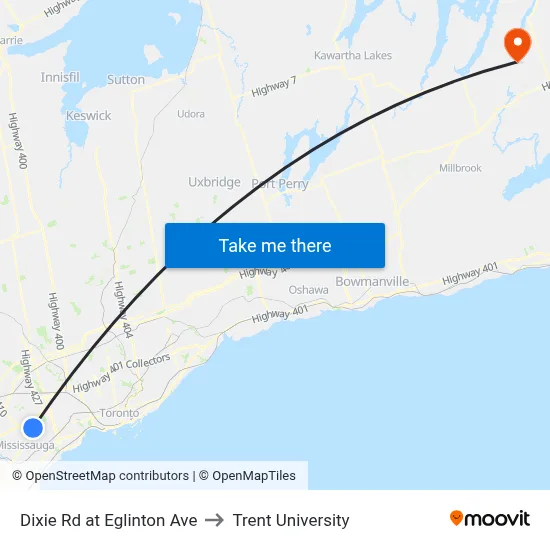Dixie Rd at Eglinton Ave to Trent University map