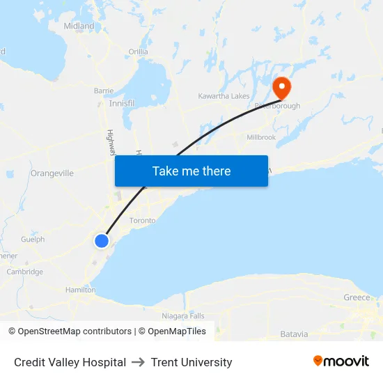 Credit Valley Hospital to Trent University map