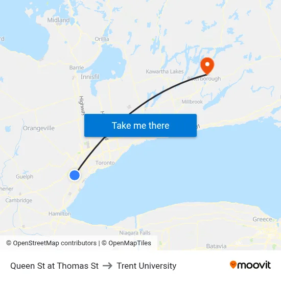 Queen St at Thomas St to Trent University map