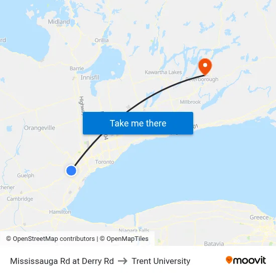 Mississauga Rd at Derry Rd to Trent University map