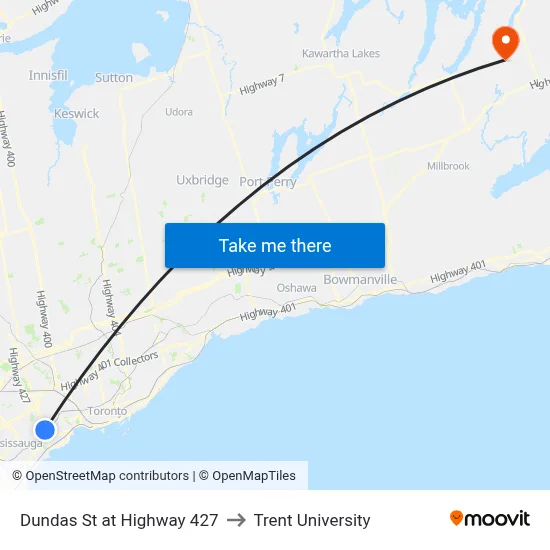 Dundas St at Highway 427 to Trent University map