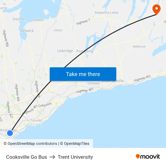 Cooksville Go Bus to Trent University map